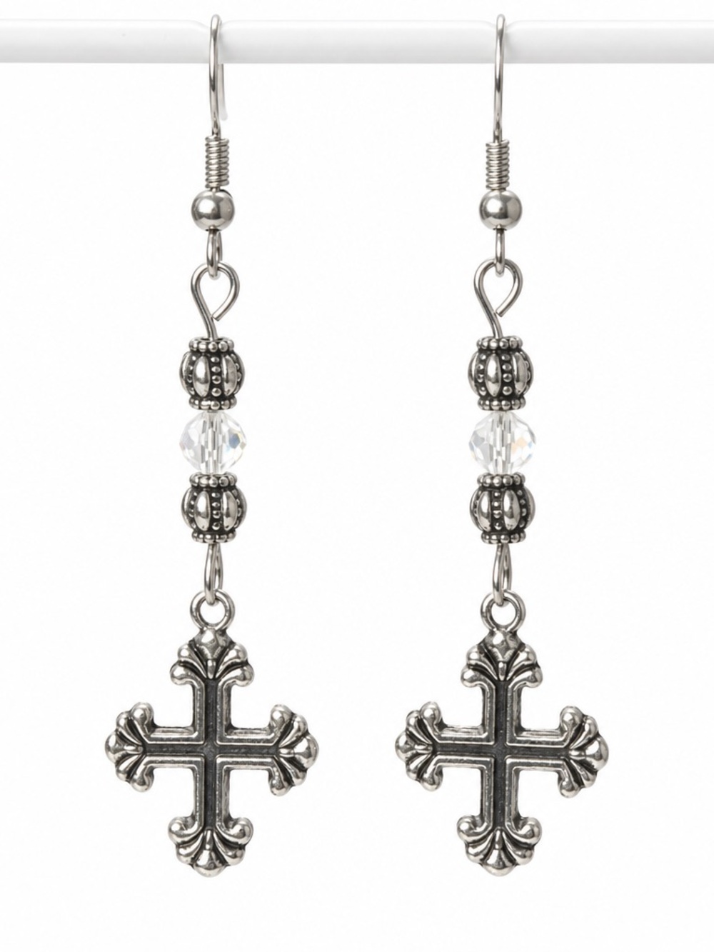 Antique Silver Cross Earrings with Crystal Beads